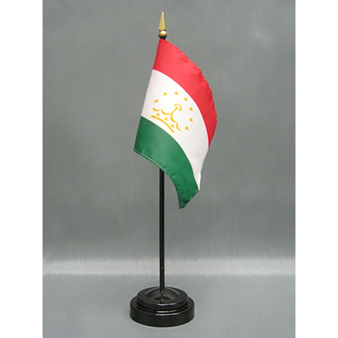Tajikstan Desk Flag with Base; American Made Rayon 4x6 inch Miniature Table Set Includes One Small Mini Country Stick Flags and One Black Stand